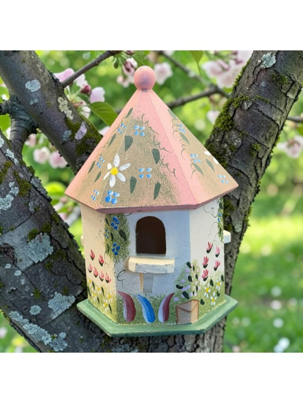 Hand-Painted Floral Wooden Birdhouse Pink Roof Green Base Garden Decor